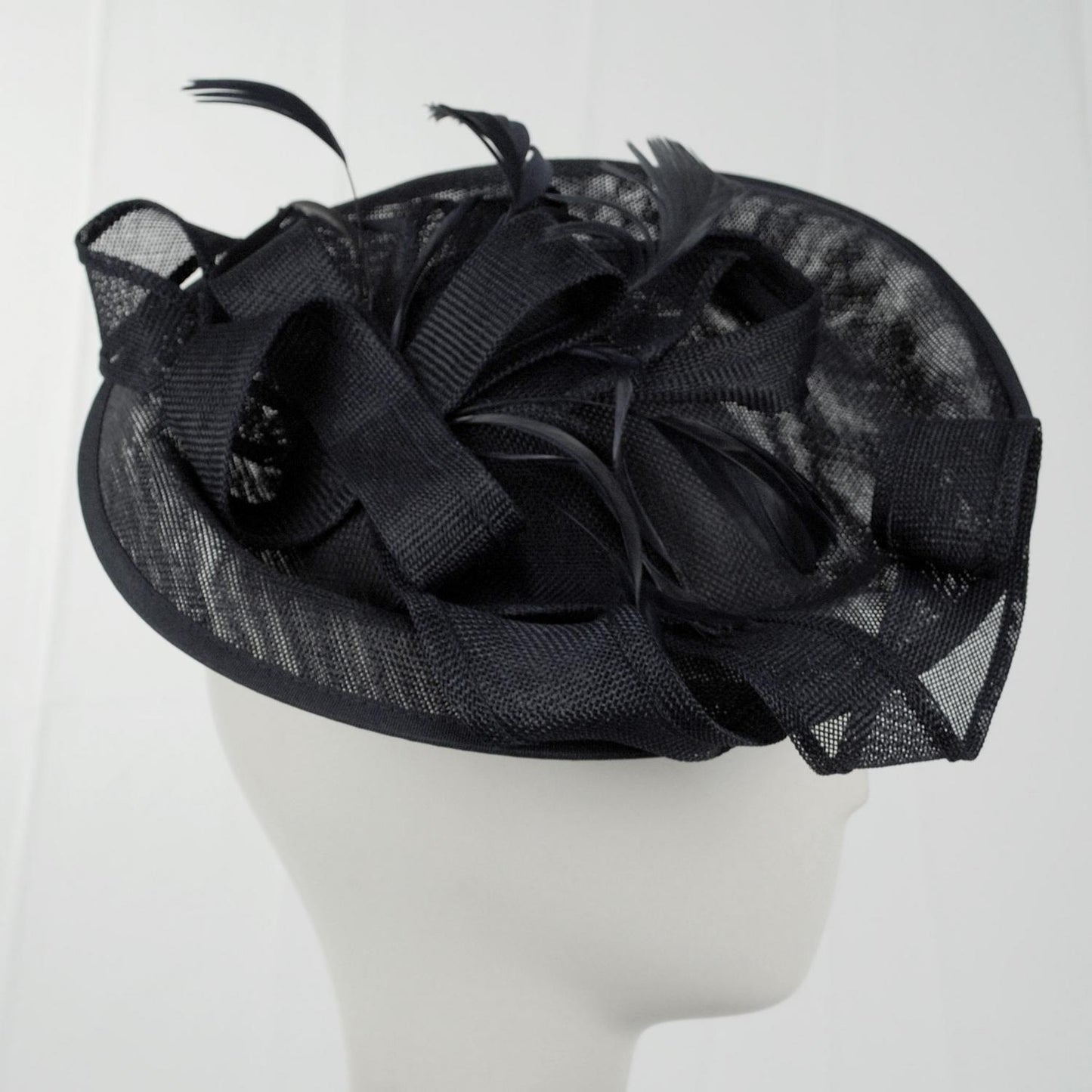 Sophia | Ribbon & Flax Linen Fabric Fascinator Hat | 122904 | profile | BLACK