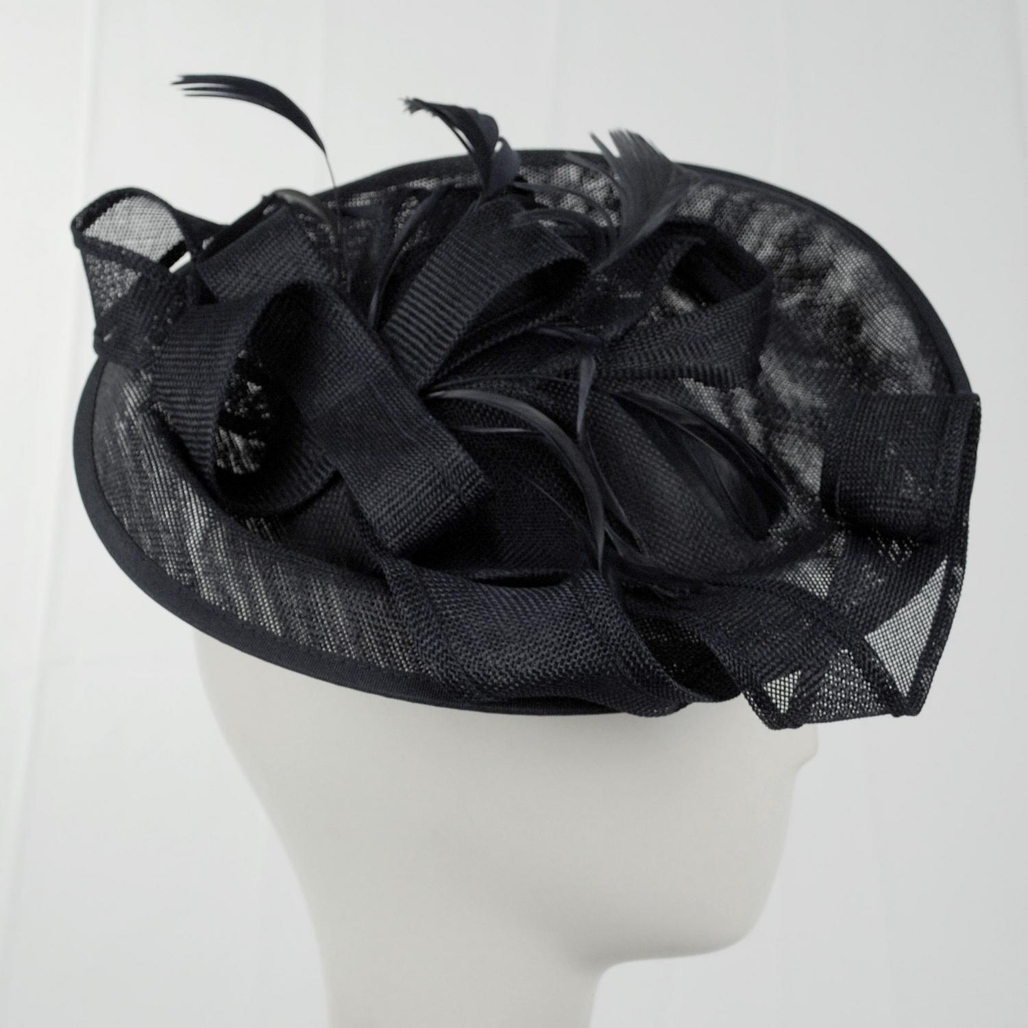 Sophia | Ribbon & Flax Linen Fabric Fascinator Hat | 122904 | profile | BLACK