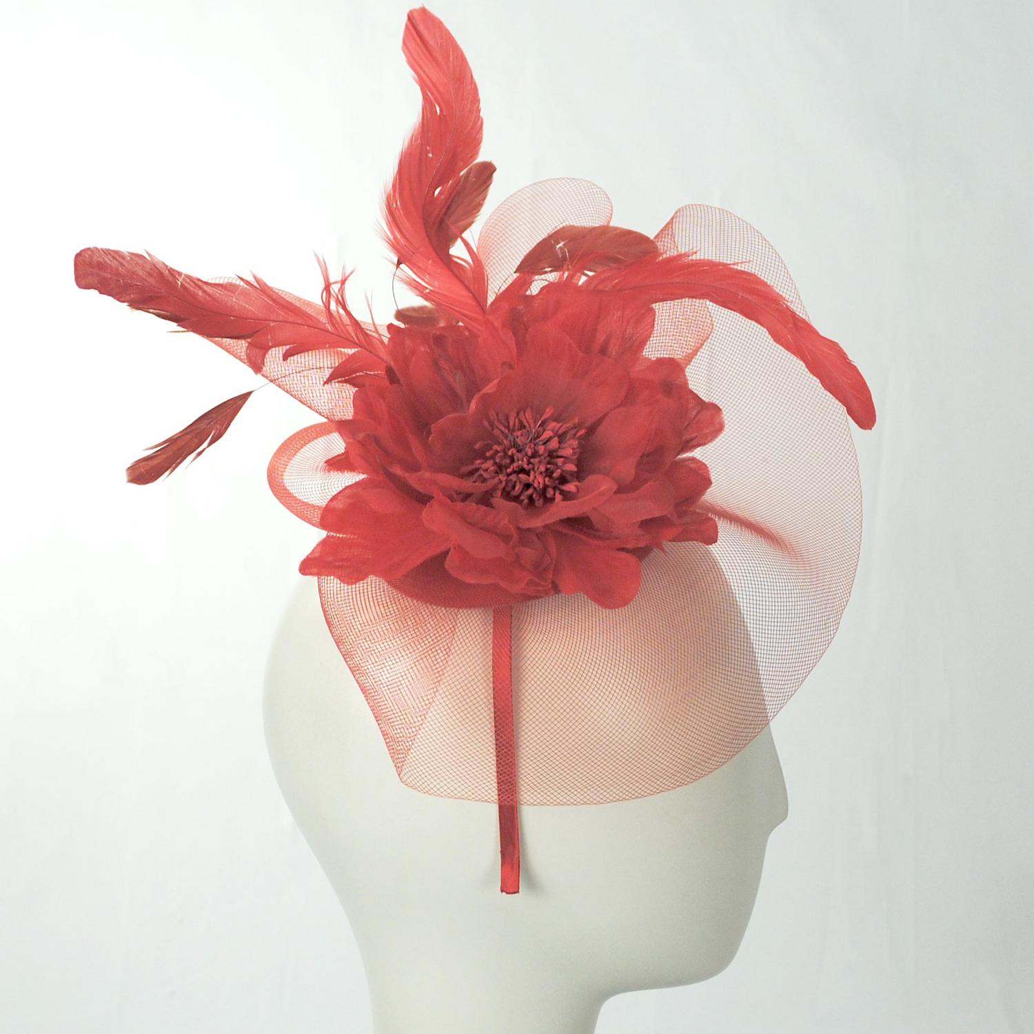 Sophia | Peony and Feathers Fascinator Hat | 122907 | profile | RED