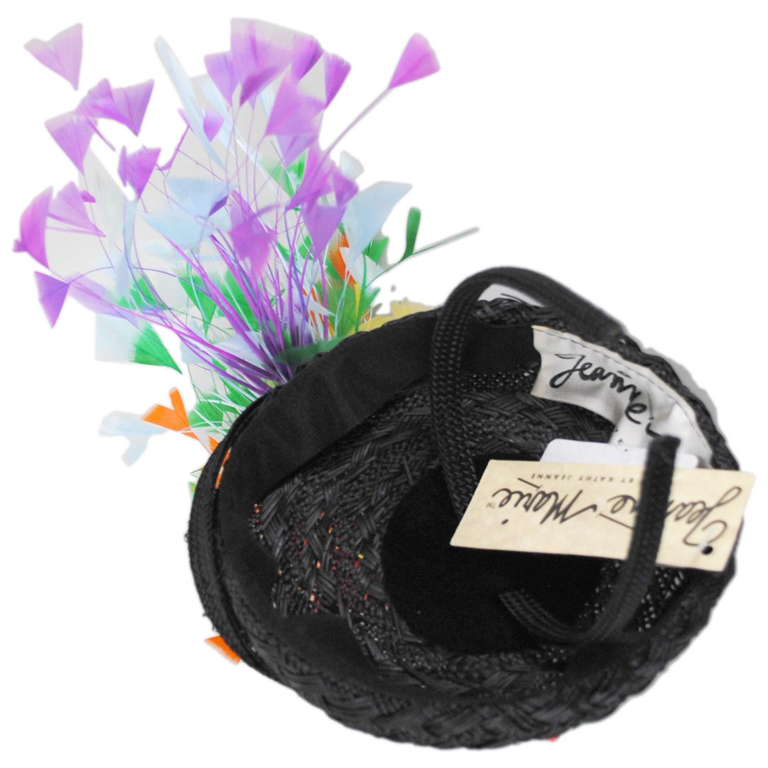 Jeanne Marie | Rainbow Feathers Parasisal Straw Pillbox Hat | 122444 | under | BLACK MULTI