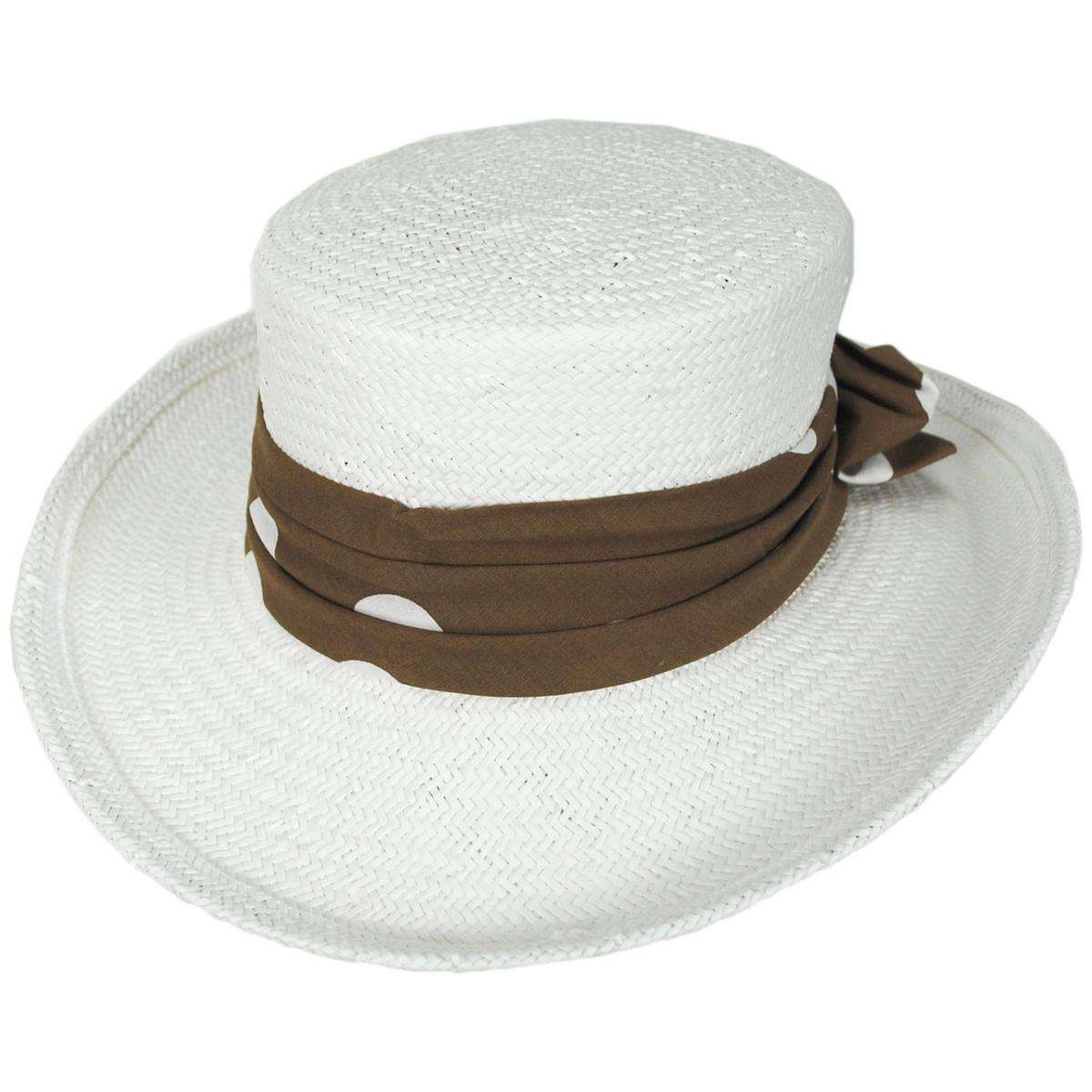 Kathy Jeanne | Vivian Toyo Straw Boater Hat | 100712 | lead | WHITE/BROWN POLKA DOT