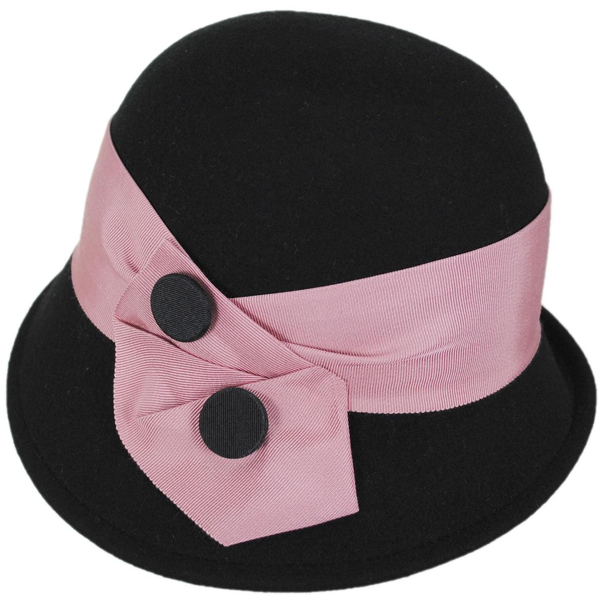 Kathy Jeanne | Double Button Profile Wool Felt Cloche Hat - Made to Order | 124706 | profile | BLACK/ROSE