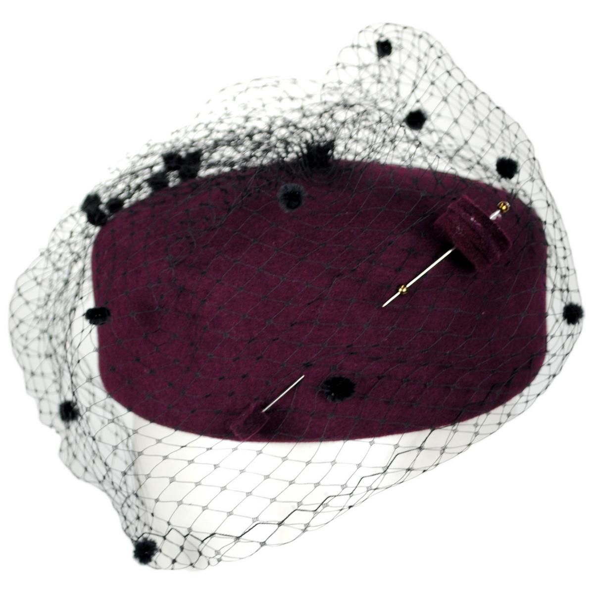 Kathy Jeanne | Hatpin and Veil Wool Felt Pillbox Hat - Made to Order | 124718 | lead | WINE/BLACK