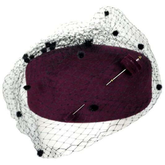 Kathy Jeanne | Hatpin and Veil Wool Felt Pillbox Hat - Made to Order | 124718 | lead | WINE/BLACK
