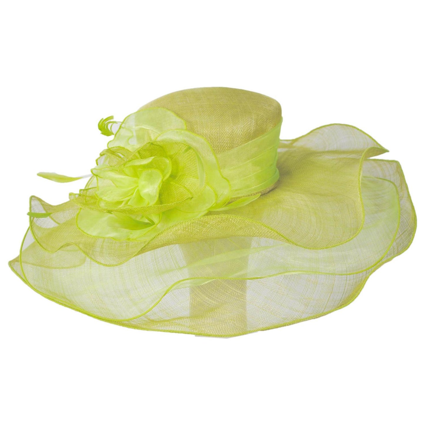 Jeanne Simmons | Organza Flower Triple Layer Sinamay Straw Boater Dress Hat | 120773 | front | LIME