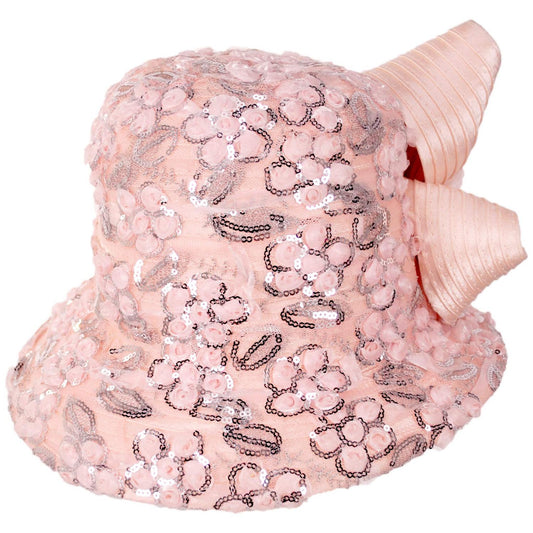 Whittall & Shon | Sequin Rosettes Satin Cloche Hat | 124290 | front | SEQUIN ROSE