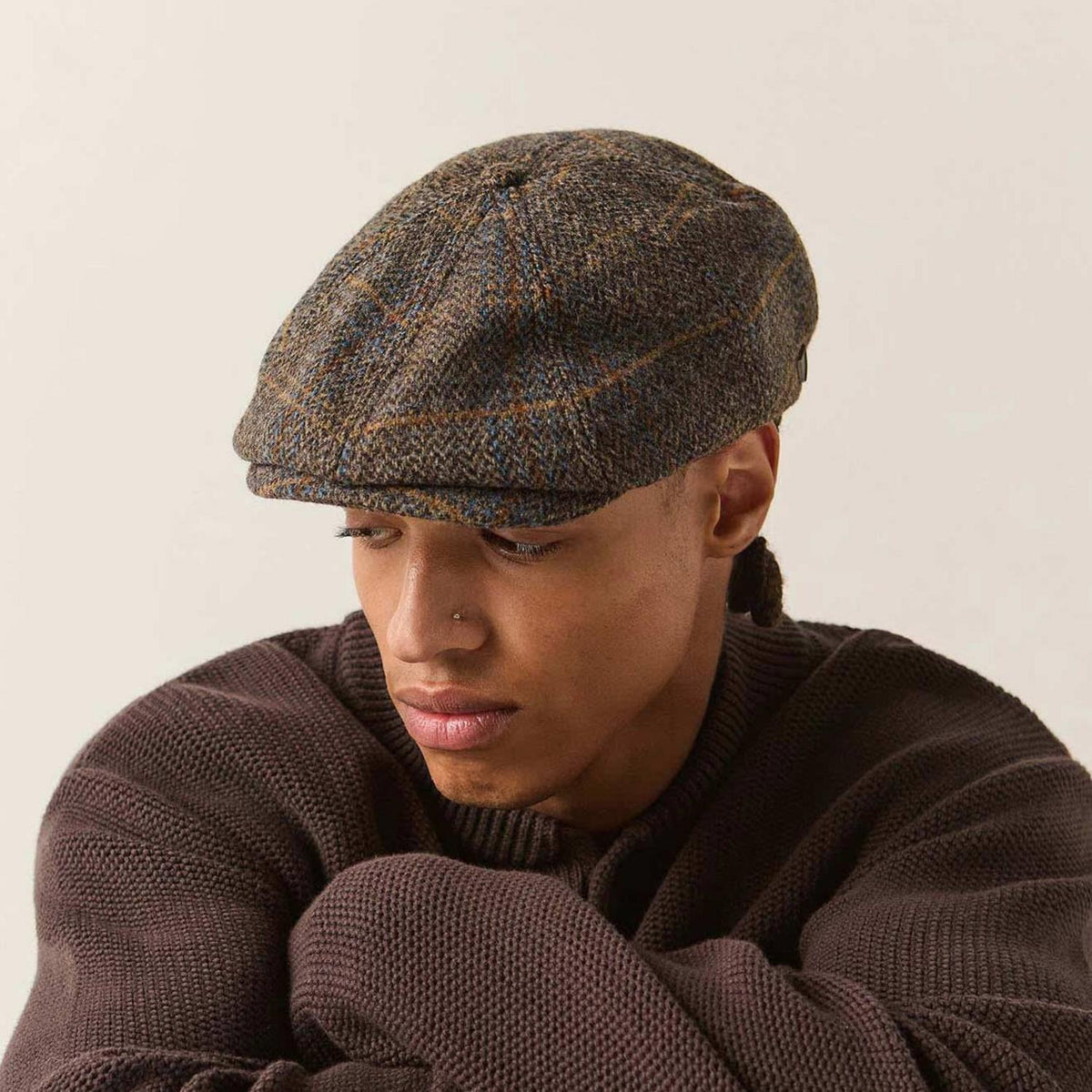 BRIXTON HATS | Brood Wool Blend Herringbone Plaid Newsboy Cap | 161586 | lsmtwo | SLATE BLUE/SEPIA/ORANGE