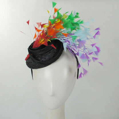 Jeanne Marie | Rainbow Feathers Parasisal Straw Pillbox Hat | 122444 | front | BLACK MULTI
