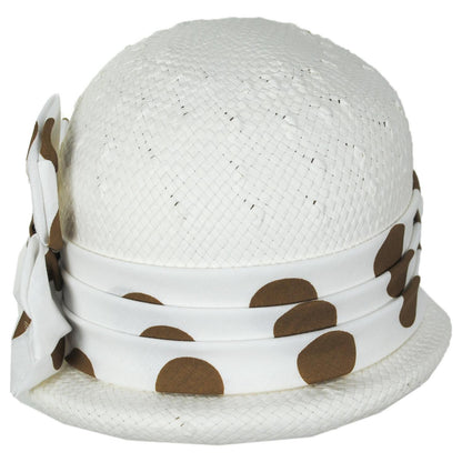 Kathy Jeanne | Double Bow Polka Dot Toyo Straw Cloche Hat | 100723 | front | WHT/BRN DOT
