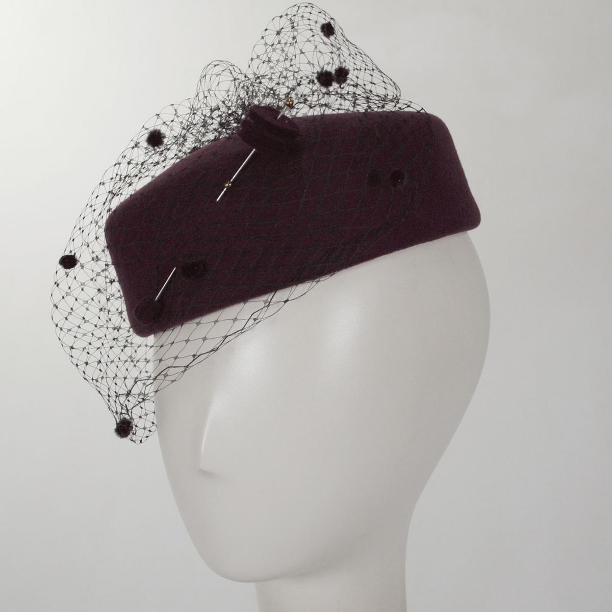 Kathy Jeanne | Hatpin and Veil Wool Felt Pillbox Hat - Made to Order | 124718 | detailone | WINE/BLACK