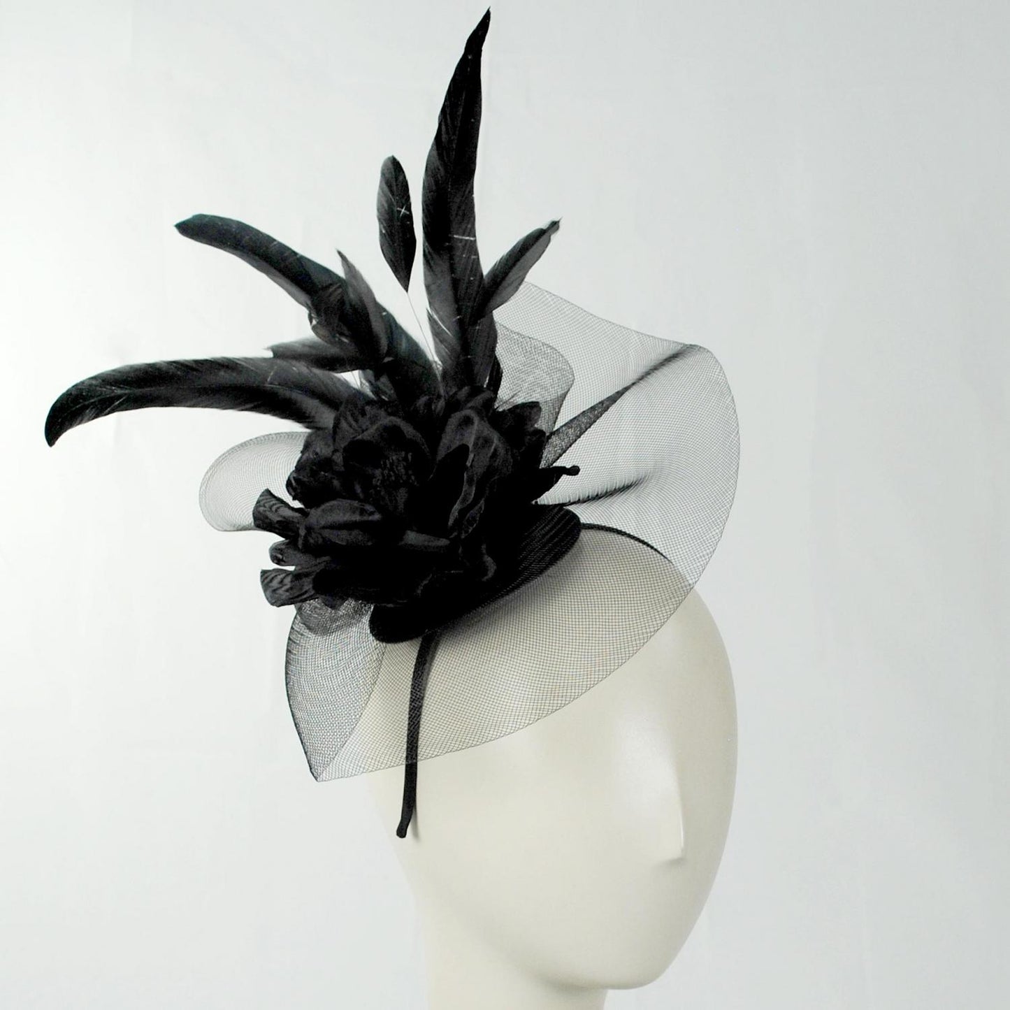 Sophia | Peony and Feathers Fascinator Hat | 122907 | front | BLACK