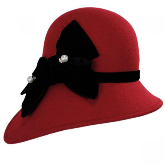 Kathy Jeanne | Velvet Band Wool Felt Asymmetrical Cloche Hat - Made to Order | 124709 | front | RED/BLACK