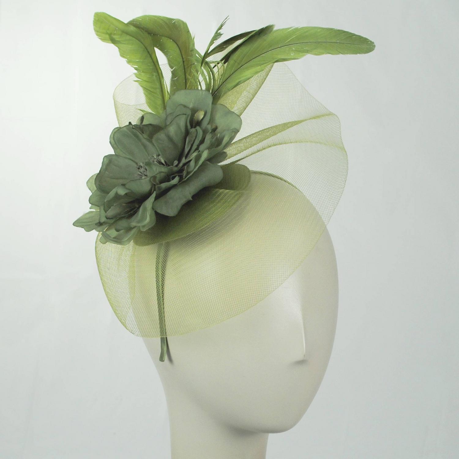 Sophia | Peony and Feathers Fascinator Hat | 122907 | front | OLIVE