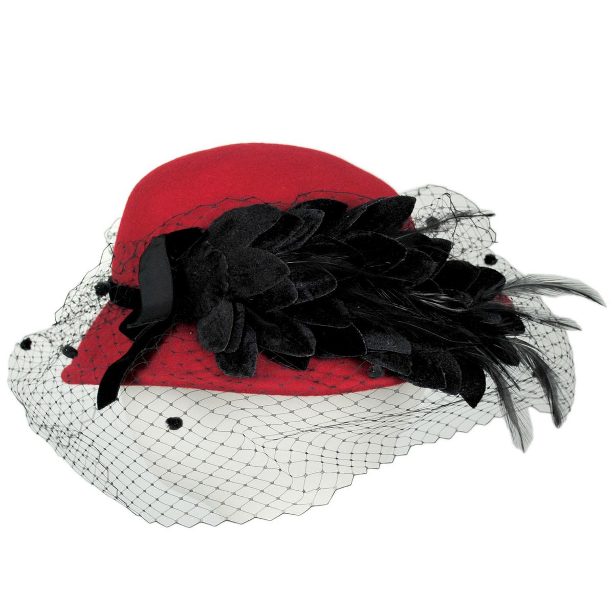 Kathy Jeanne | Flowers & Veil Wool Felt Doll Hat - Made to Order | 124719 | profile | RED/BLACK