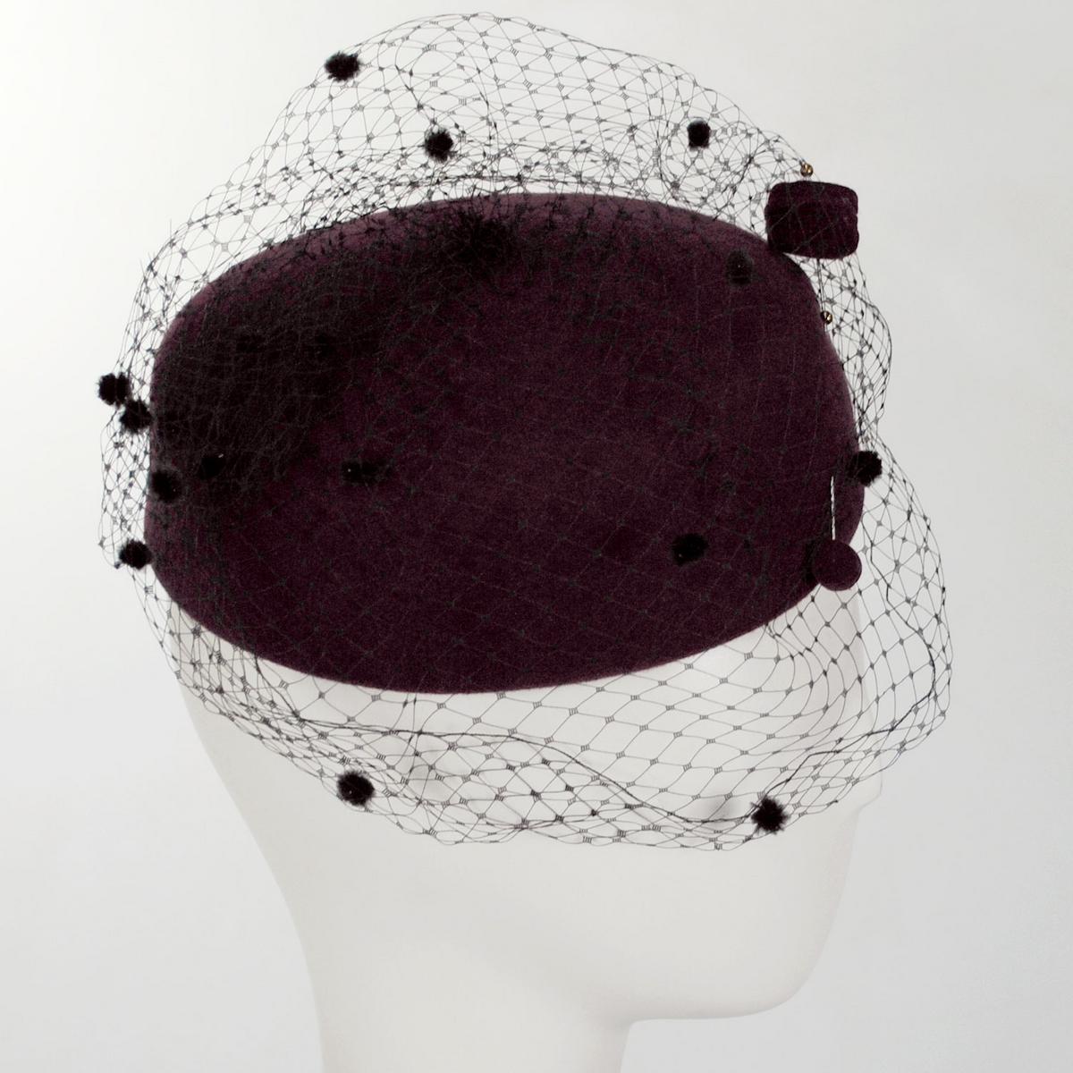 Kathy Jeanne | Hatpin and Veil Wool Felt Pillbox Hat - Made to Order | 124718 | profile | WINE/BLACK