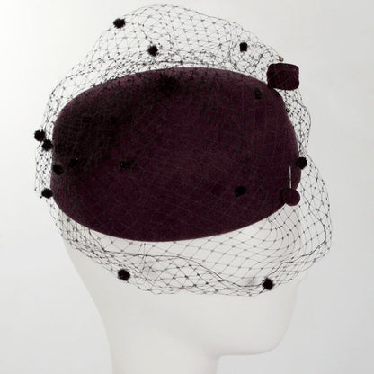 Kathy Jeanne | Hatpin and Veil Wool Felt Pillbox Hat - Made to Order | 124718 | profile | WINE/BLACK