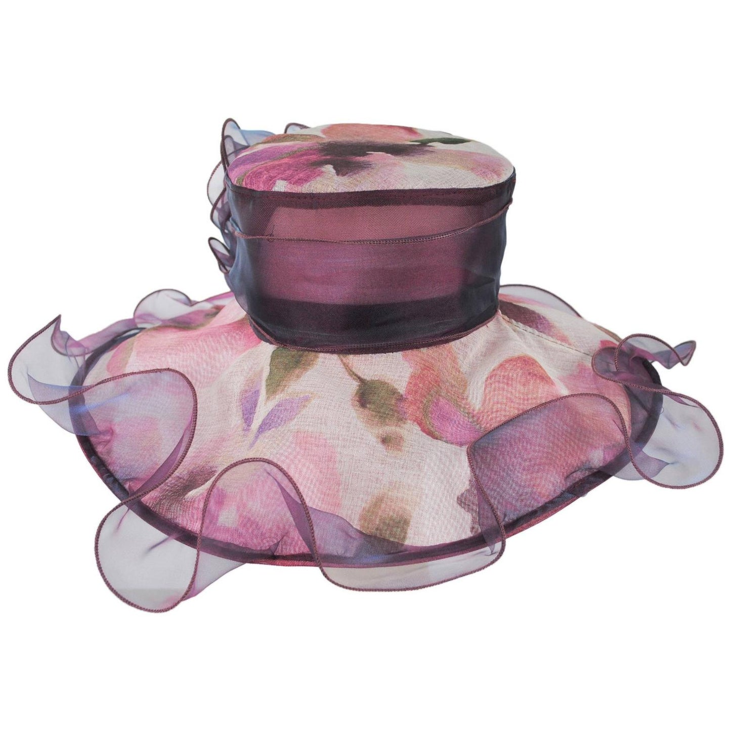 Sophia | Tea Party Floral Organza Dress Hat | 122909 | front | BURGUNDY