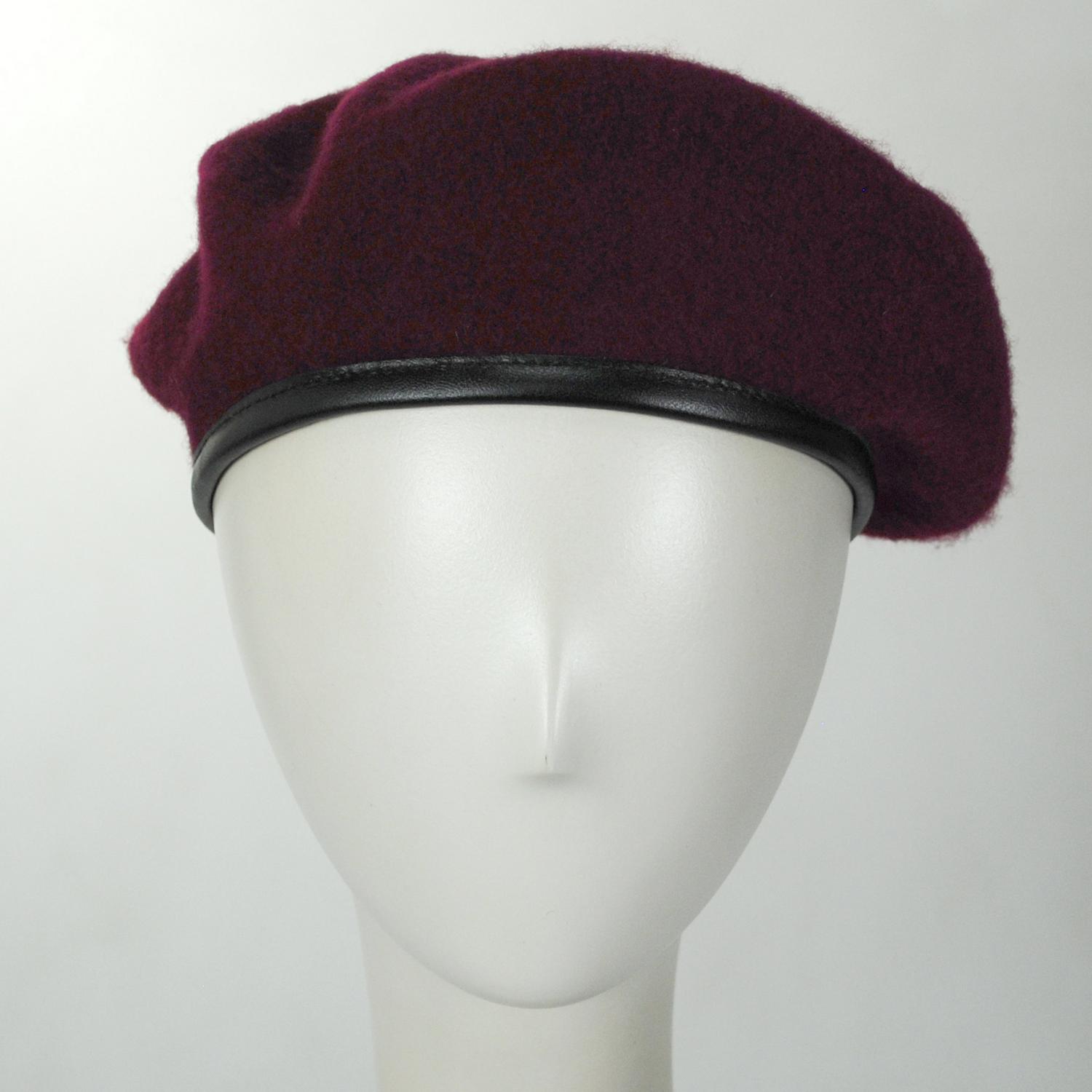 Village Hat Shop | Wool Military Beret with Lambskin Band | 151106 | front | MAROON