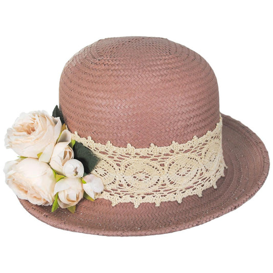 Kathy Jeanne | Flowers and Lace Toyo Straw Bowler Hat | 122442 | lead | OLD ROSE