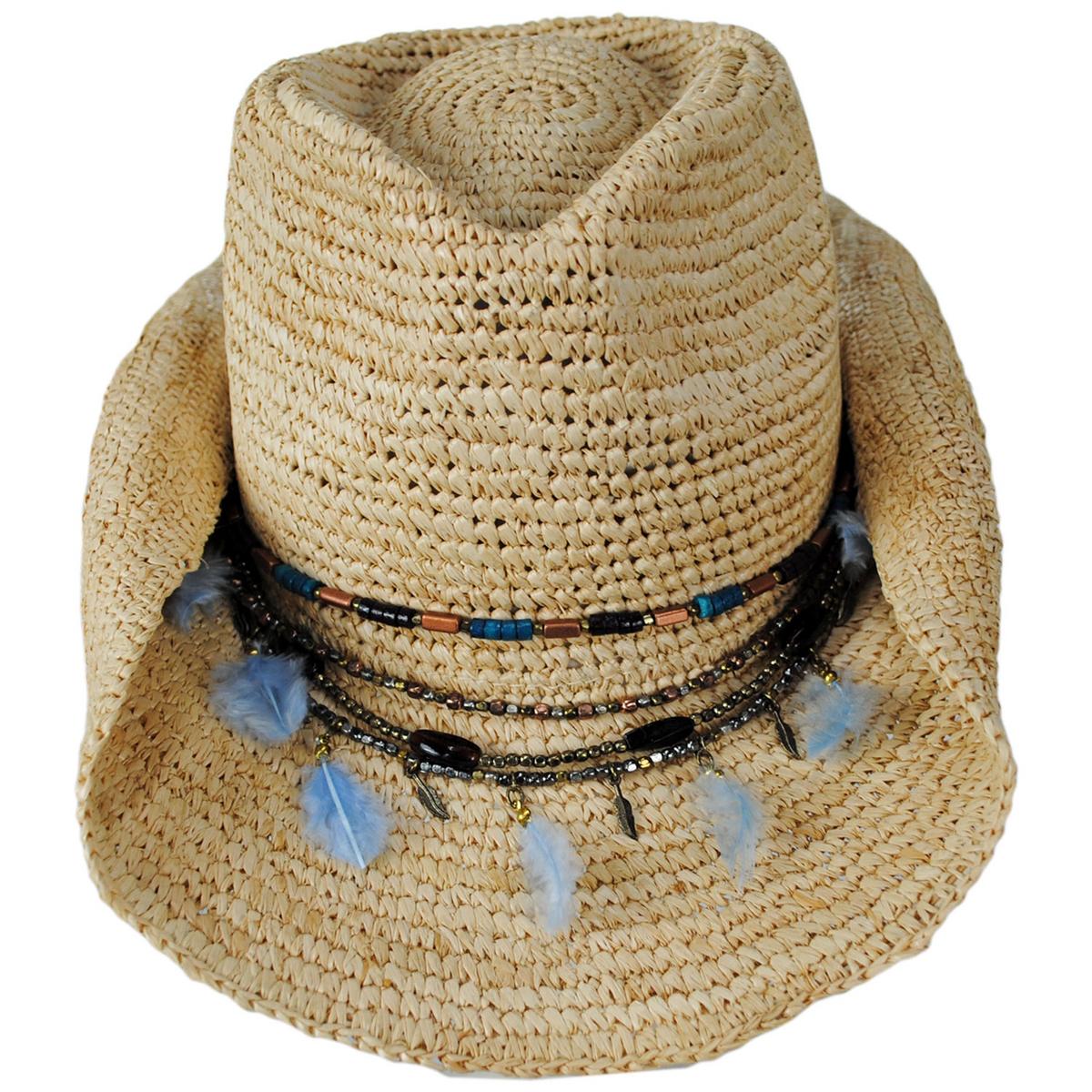 NIKKI BEACH | Morgan Crochet Raffia Straw Western Hat | 102663 | front | NATURAL/BLUE