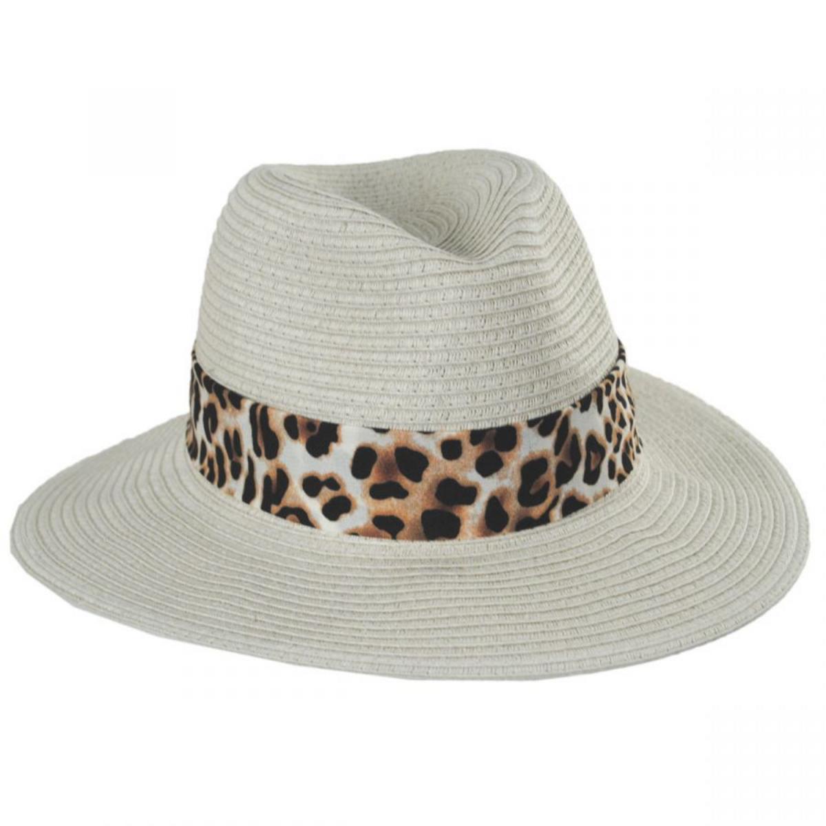 Dorfman Pacific | Gabon Leopard Scarf Toyo Straw Fedora Hat | 101389 | lead | GREY