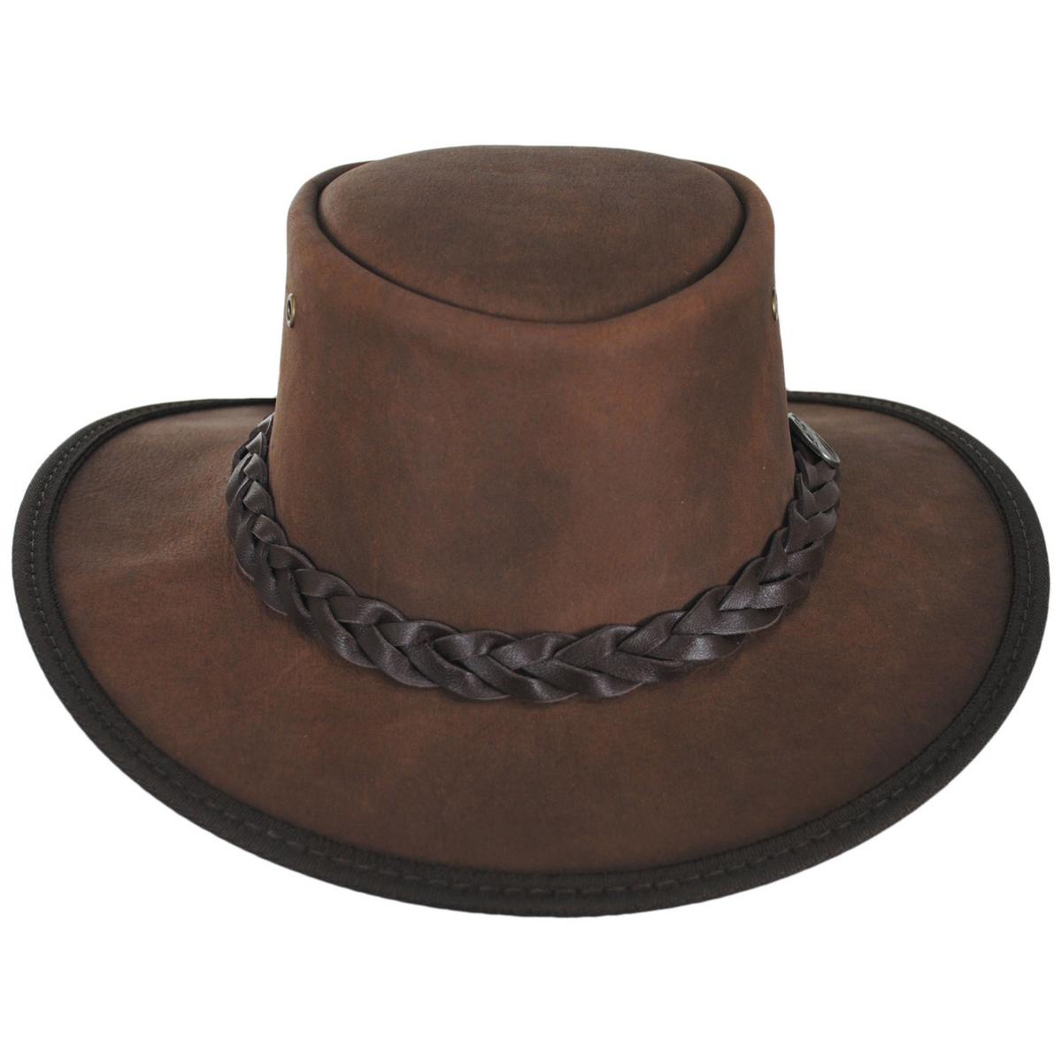 Barmah | Bronco Cattle Leather Foldaway Drover Hat | 400905 | front | BROWN