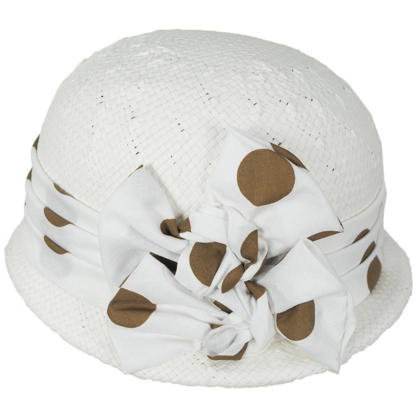 Kathy Jeanne | Double Bow Polka Dot Toyo Straw Cloche Hat | 100723 | profile | WHT/BRN DOT