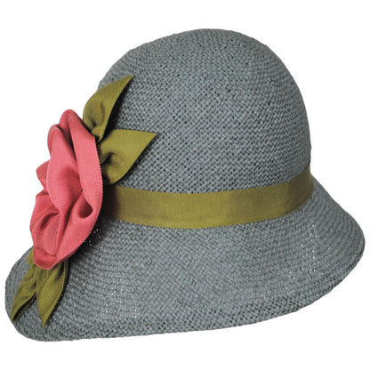 Kathy Jeanne | Ribbon Rosette Twisted Toyo Straw Cloche Hat | 100716 | front | GRAY