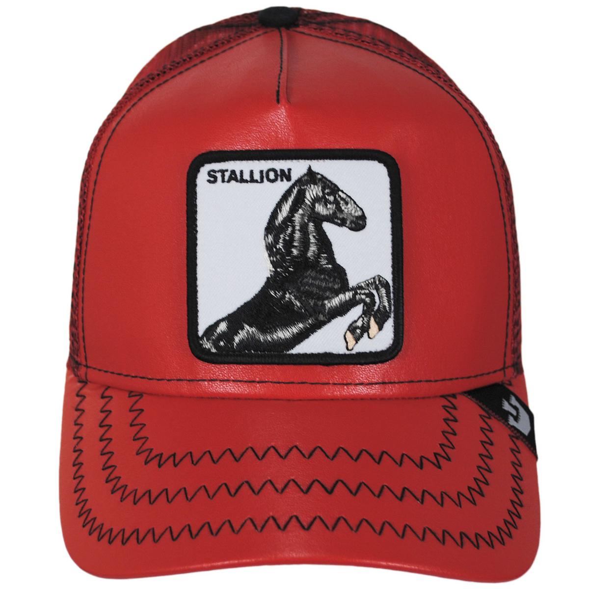 Goorin Bros | Cherry Mustang Stallion Vegan Leather Mesh Trucker Snapback Baseball Cap | 200635 | front | RED