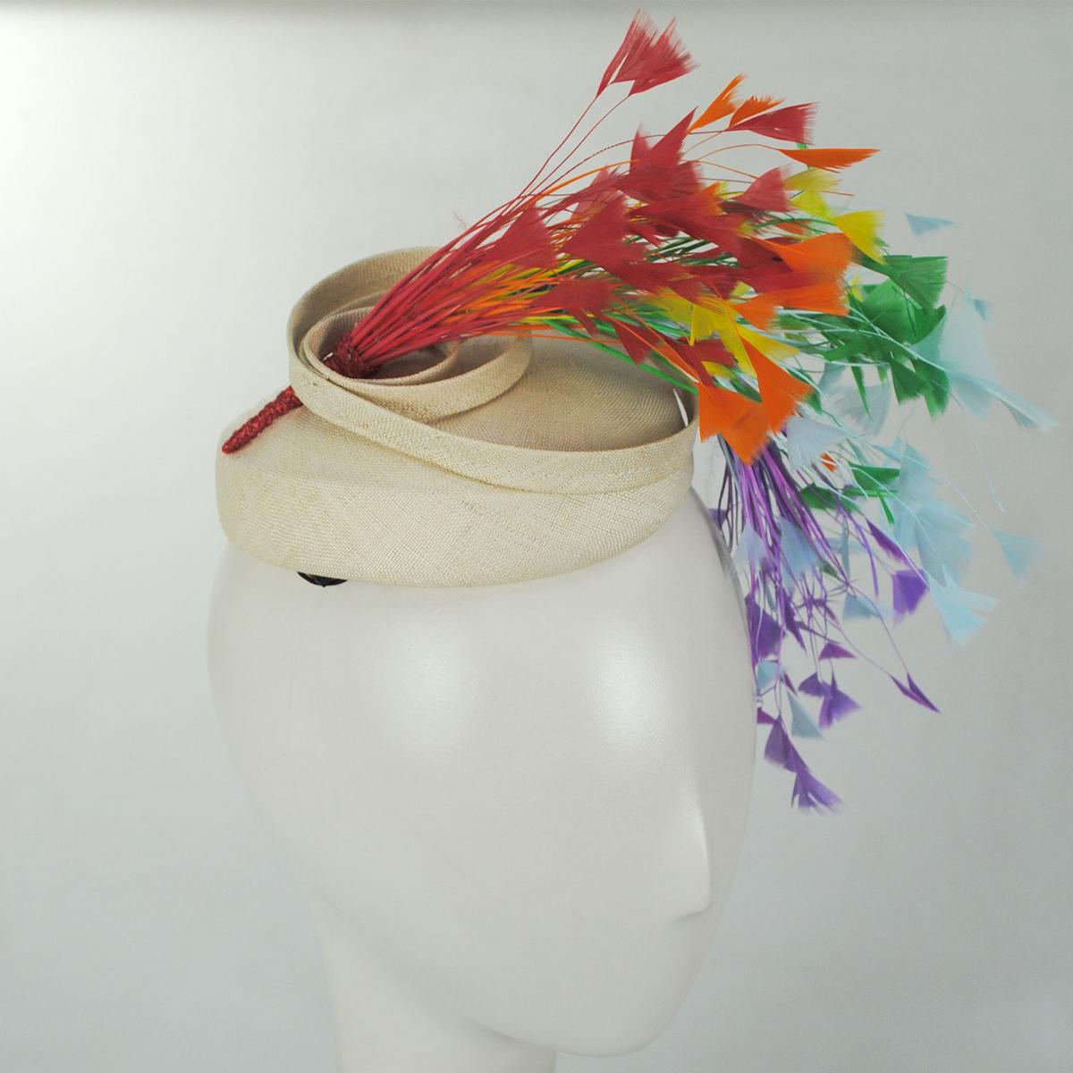 Jeanne Marie | Rainbow Feathers Sisal Straw Pillbox Hat | 122444 | profile | BLACK/RAINBOW