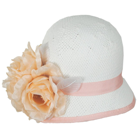 Kathy Jeanne | Peony Trio Toyo Straw Cloche Hat | 122440 | front | WHITE/PEACH
