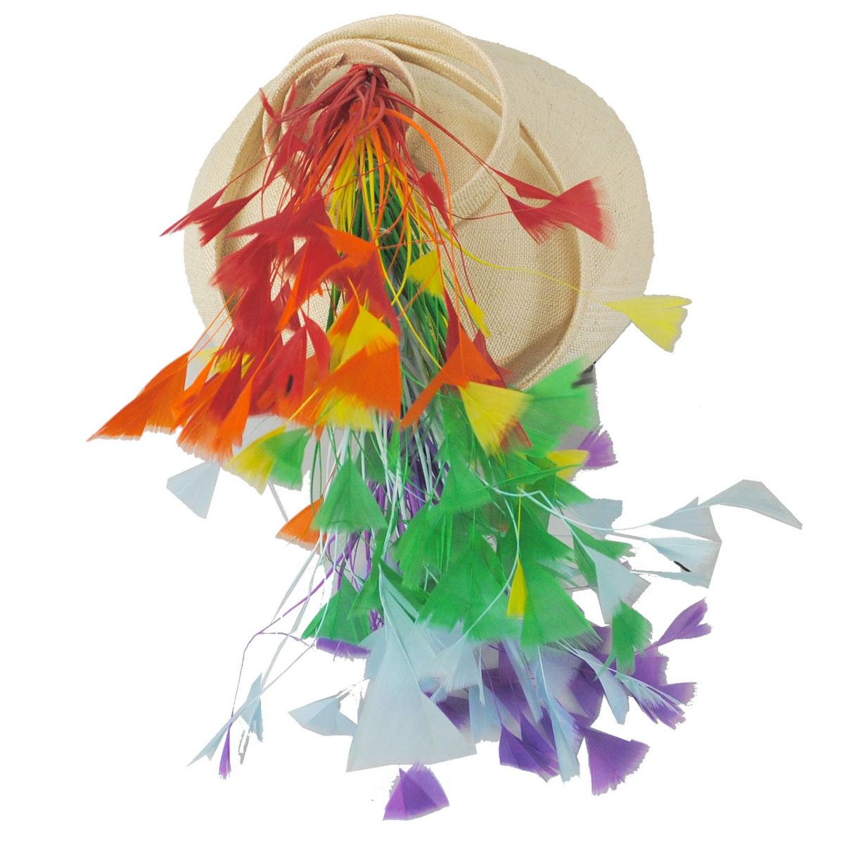 Rainbow Feathers Sisal Straw Pillbox Hat