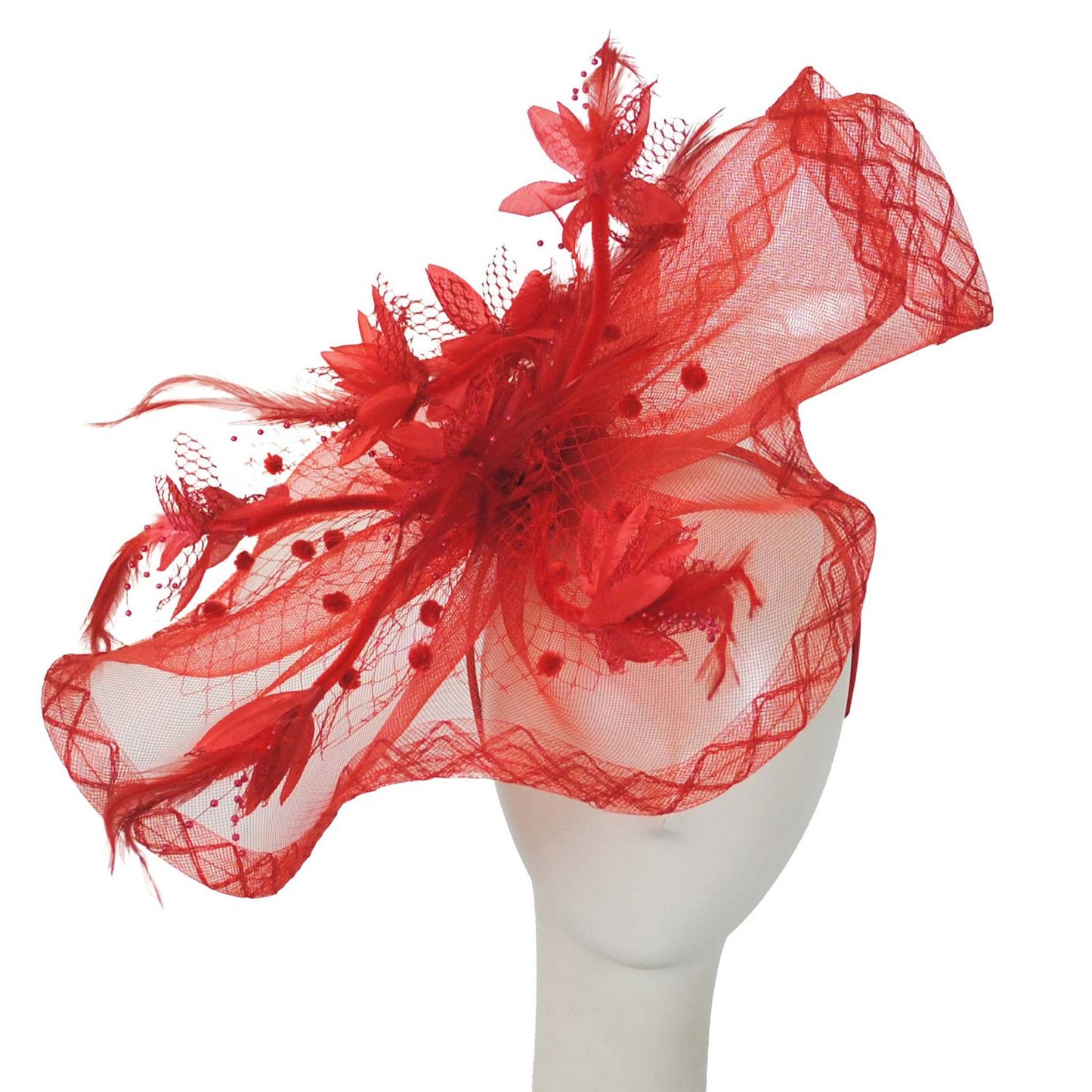 Sophia | Floral Feathered Mesh Fascinator Hat | 122906 | front | RED