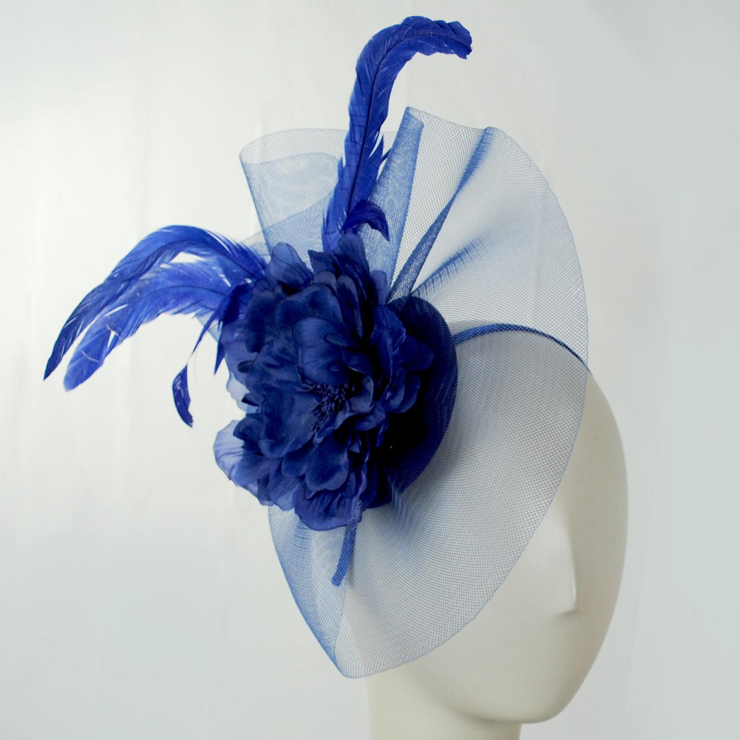 Sophia | Peony and Feathers Fascinator Hat | 122907 | front | BLUE
