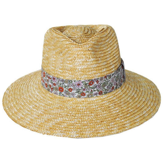 BRIXTON HATS | Joanna Petite Brim Wheat Straw Fedora Hat - FINAL SALE | 104042 | front | HONEY/WHITE FLORAL