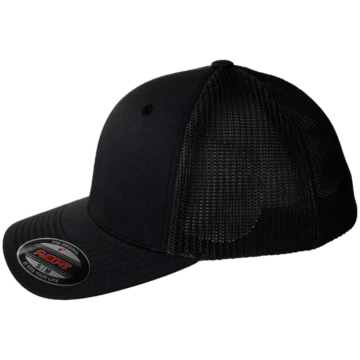 Flexfit | Tonal Mesh Trucker Flexfit Fitted Baseball Cap | 221501 | profile | BLACK