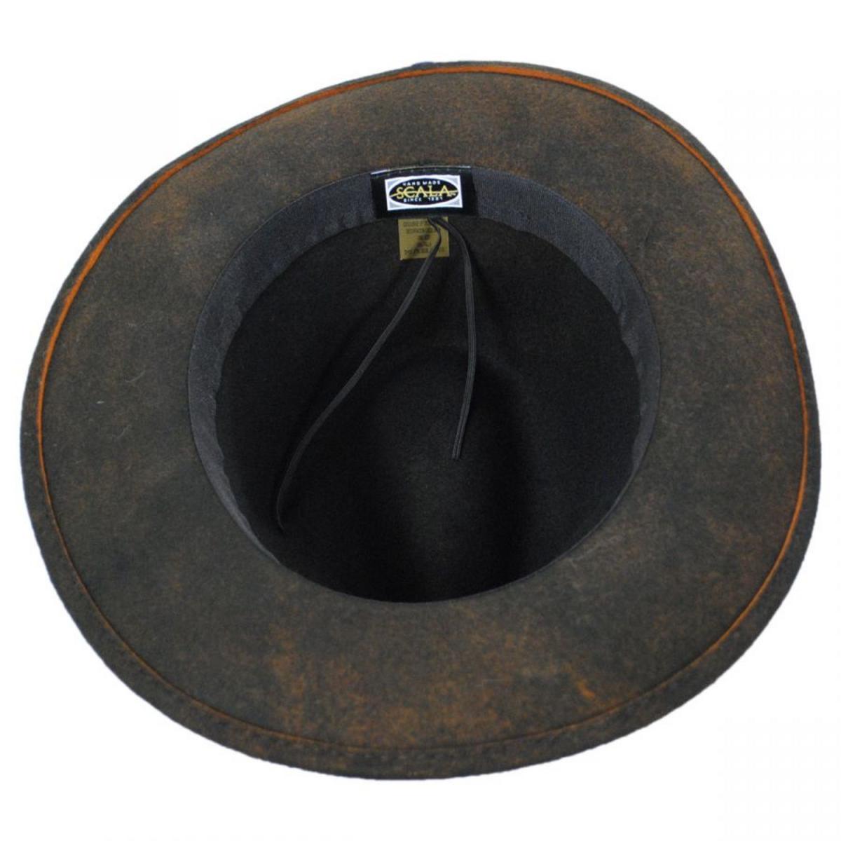 Scala | Woodstock Distressed Wool Felt Safari Fedora Hat | 123496 | under | CHOCOLATE