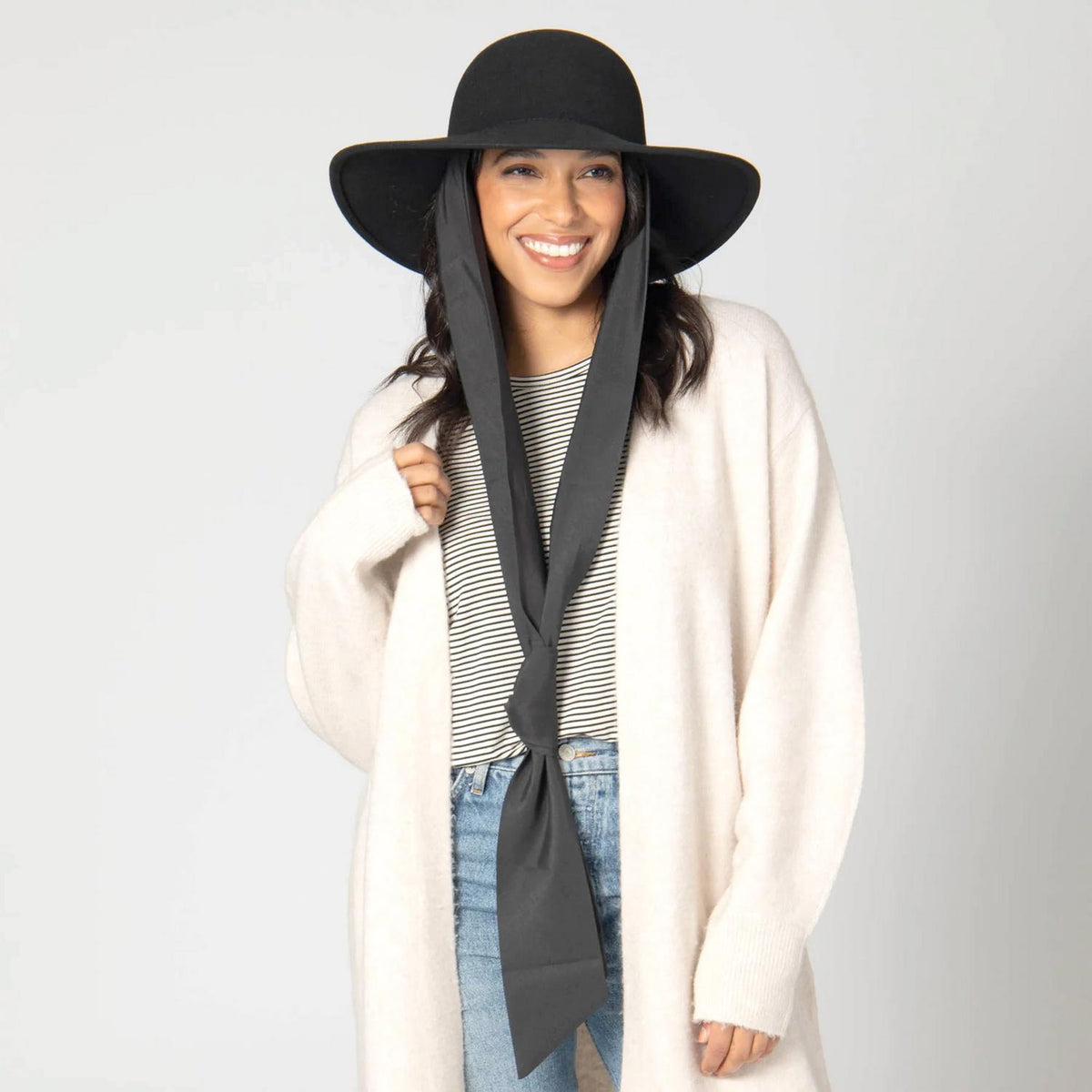 San Diego Hat Company | Stella Wool Felt Floppy Swinger Hat with Chin Ties | 125225 | lsfthree | BLACK