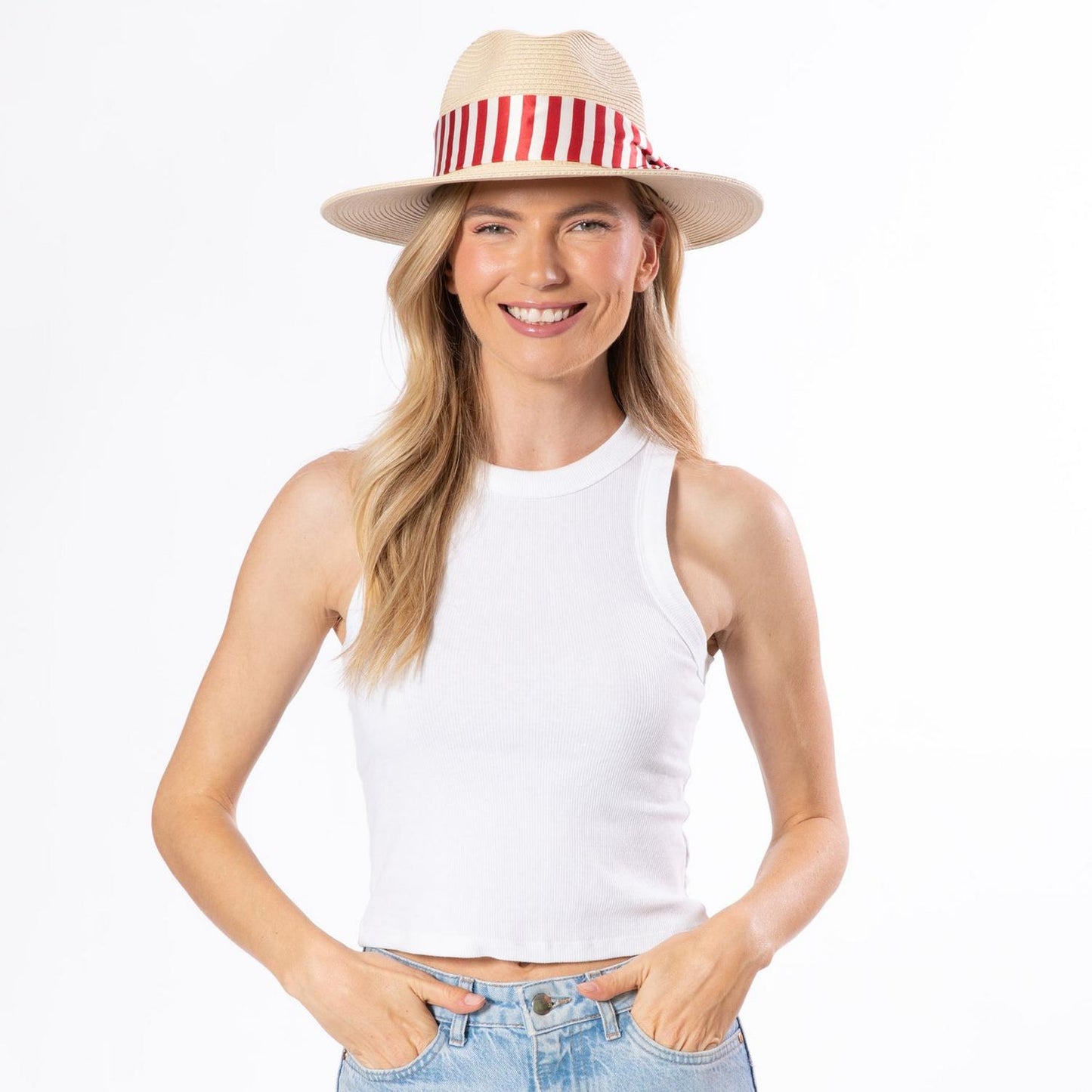 San Diego Hat Company | Gidget Ultrabraid Toyo Straw Fedora Hat | 103594 | lsftwo | RED/WHITE