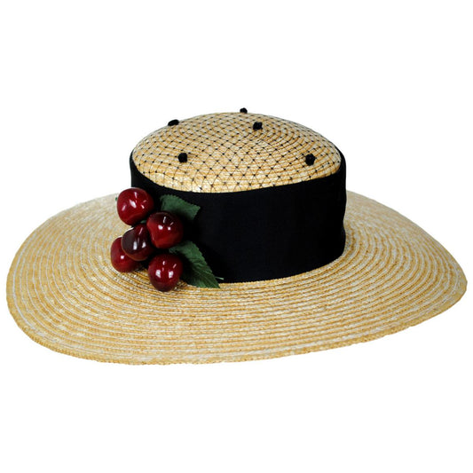 Kathy Jeanne | Cherry Milan Straw Boater Hat | 100717 | lead | NATURAL