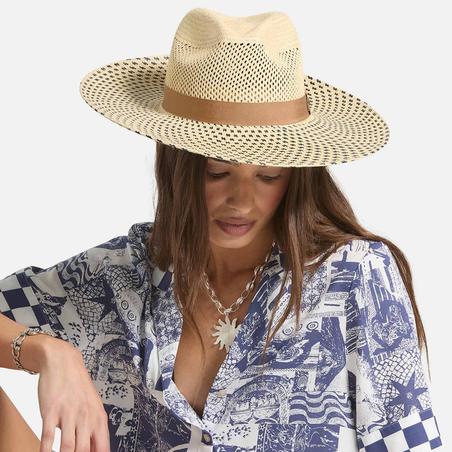 BRIXTON HATS | Evangeline Panama Straw Rancher Fedora Hat | 104066 | lsftwo | NATURAL/BLACK