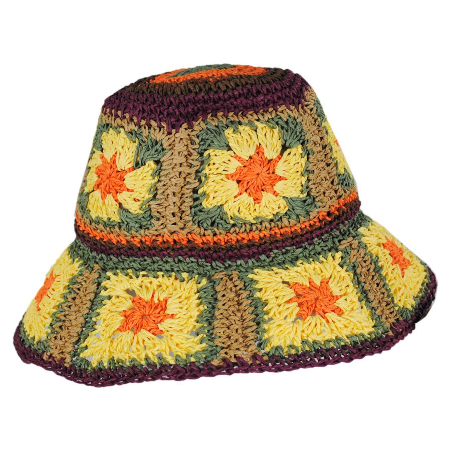Men's Peter Grimm Fergie Granny Square Hand Crochet Toyo Straw Bucket Hat: Size: One Size Fits Most Natural
