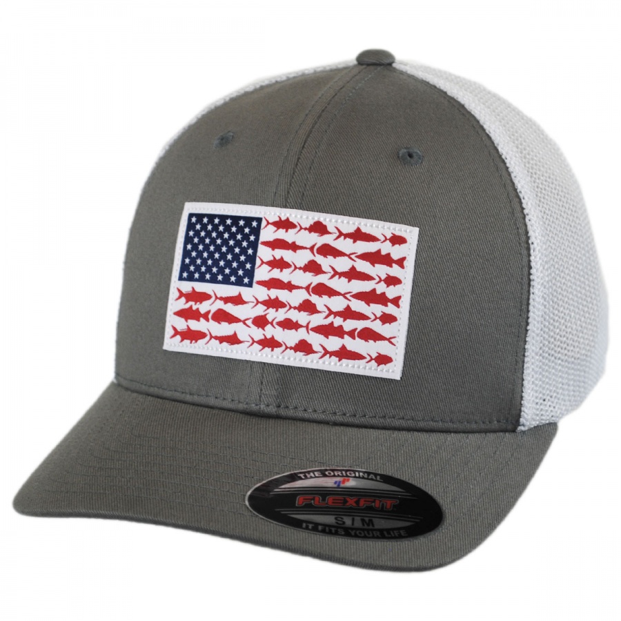 Columbia PFG Fish Lure Flag Mesh Fitted Flexfit Ballcap in Red L/XL 7-7 3/4 