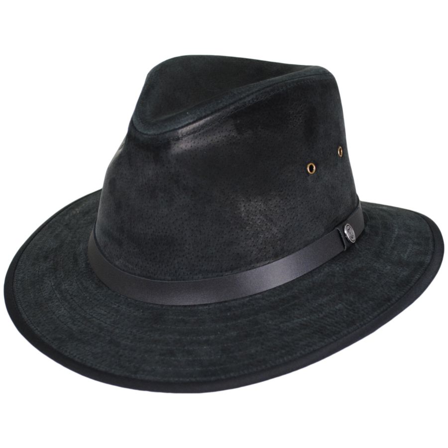 Jaxon Hats Nubuck Leather Safari Fedora Hat - Black Leather Fedoras