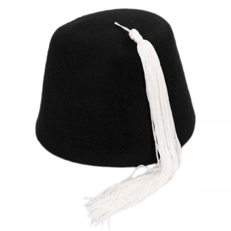 Village Hat Shop Black Wool Fez with White Tassel